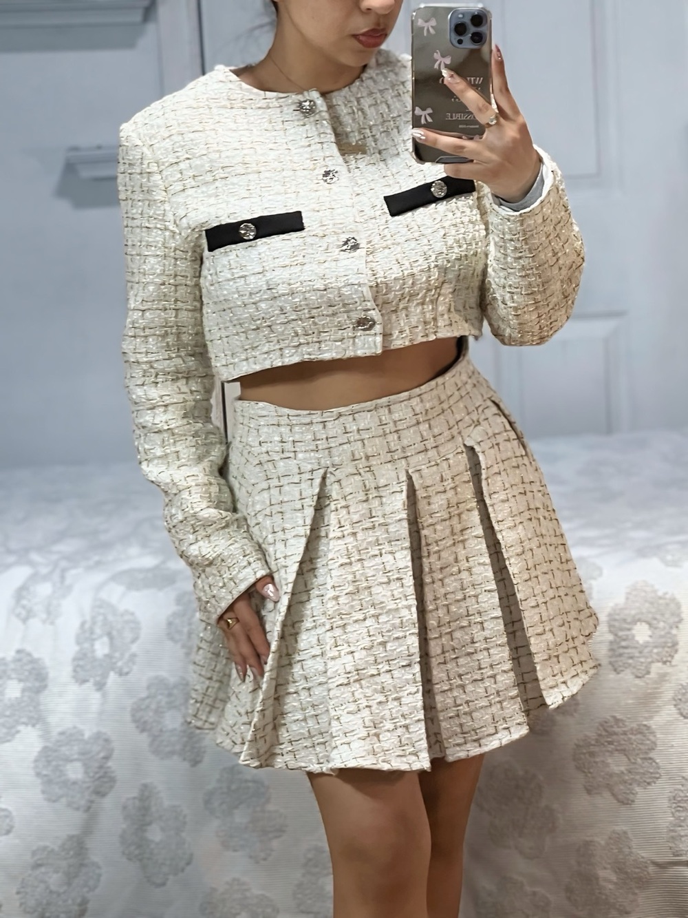 SHEIN Cream Tweed Pleated Circle Mini Skirt